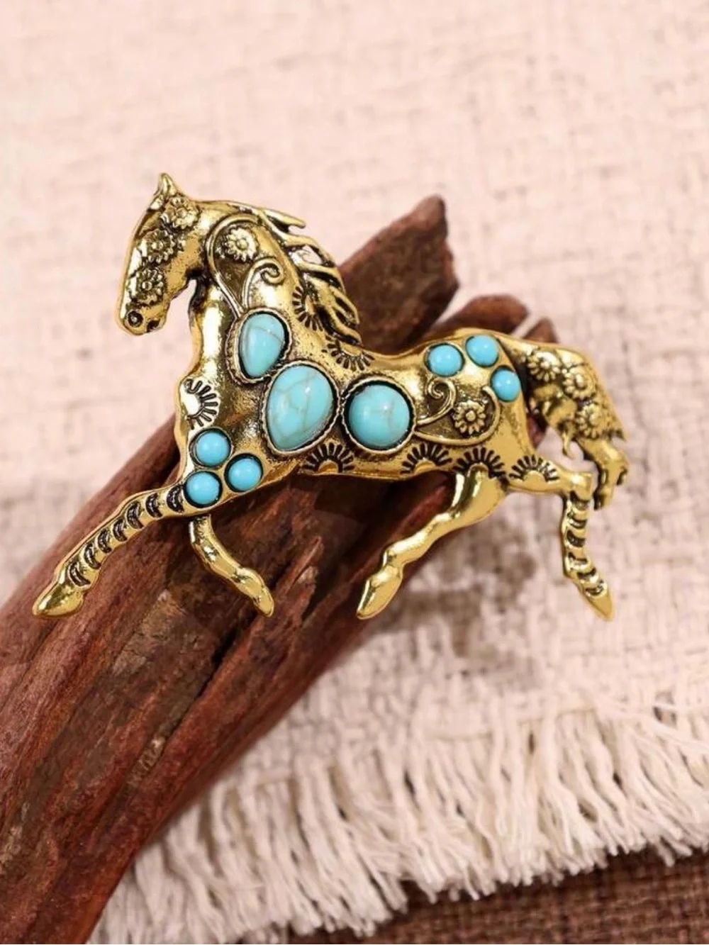 Gold Horse Turquoise Stone Brooch Lapel Pin Western Cowgirl Rodeo Accessory NEW